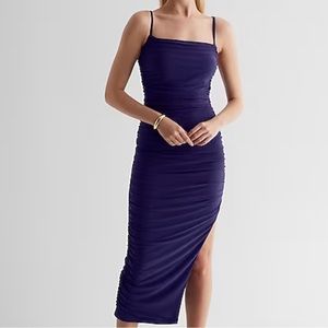 Express Body Contour Mesh Ruched Side Slit Midi Dress